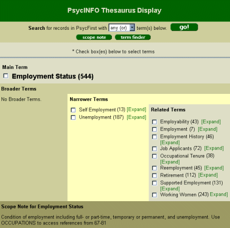 Thesaurus - employment status - PsycFirst